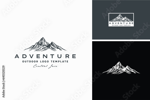 Mountain Hand Drawn Silhouette Black White for Vintage Adventure Outdoor Landscape Logo Design
