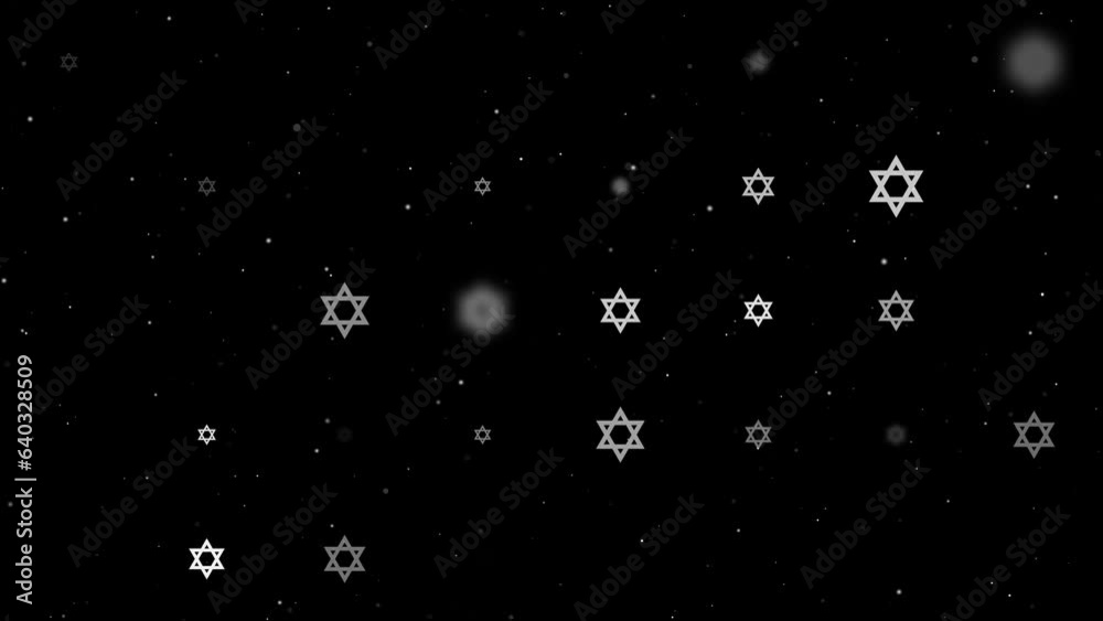 Template animation of evenly spaced star of David symbols of different sizes and opacity. Animation of transparency and size. Seamless looped 4k animation on black background with stars