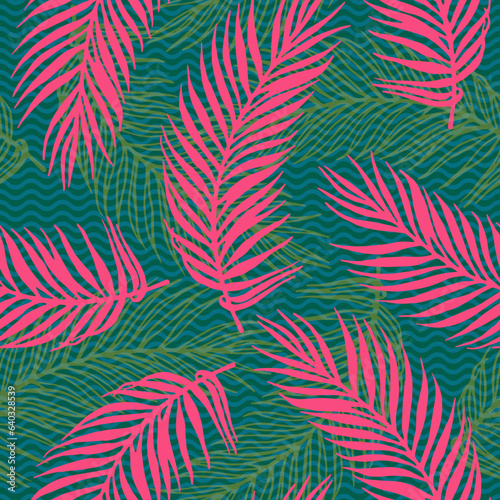 Endless jungle palm leaves vector pattern. Floral elements over waves texture