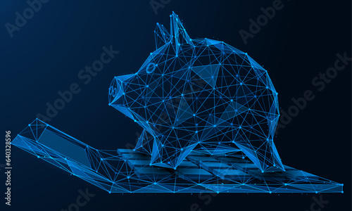 Piggy bank is on the calculator. Low-poly design of interconnected lines and dots. Blue background.
