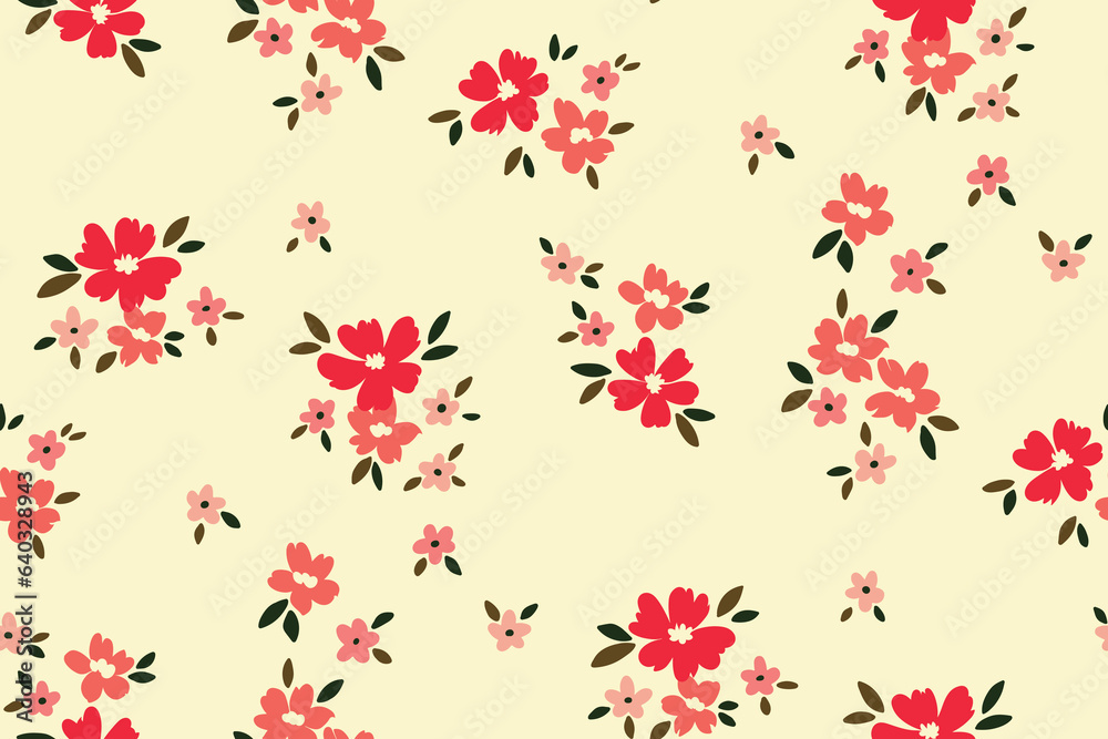 Seamless floral pattern, liberty ditsy print of mini cute daisy buds. Romantic botanical design with simple hand drawn plants: small red, pink flowers, tiny leaves on a light background. Vector.