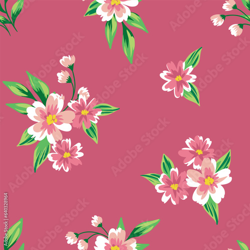 Seamless floral pattern  vintage ditsy print with small painted bouquets. Romantic old style botanical design  hand drawn flowers buds  tiny leaves on purple-red background. Vector illustration.