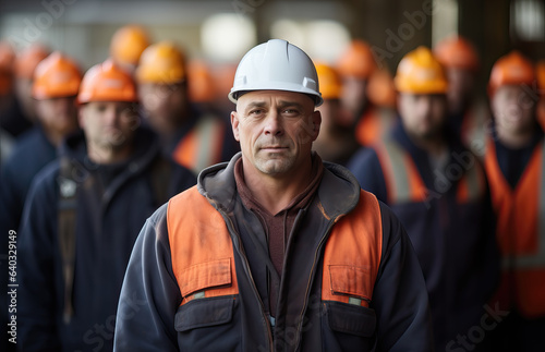 portrait of worker with hardhat and worker in blurry background, ai generated © wernerimages