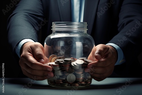 Businessman holding glass jar with coins. Saving money for retirement concept. Businessman saving money in a glass jar, top section cropped, no hand deformation, AI Generated