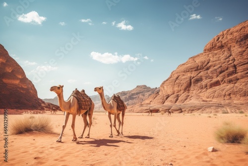 Camels in Wadi Rum desert, Jordan. Vintage style. Camels in Wadi Rum desert, Jordan in a summer day, AI Generated © Ifti Digital