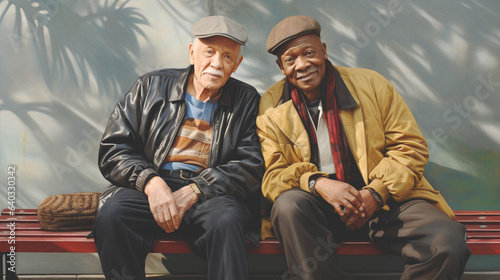  Portrait of Two paternal figures of different ages and racial backgrounds, one middle-aged and the other elderly, sit on park bench, discussing important life moments. Banner. Close-up