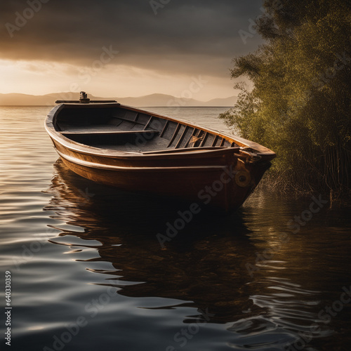An empty rustic wooden boat moored at the shore, a forest river with banks densely overgrown with trees. The concept of untouched nature, loneliness.