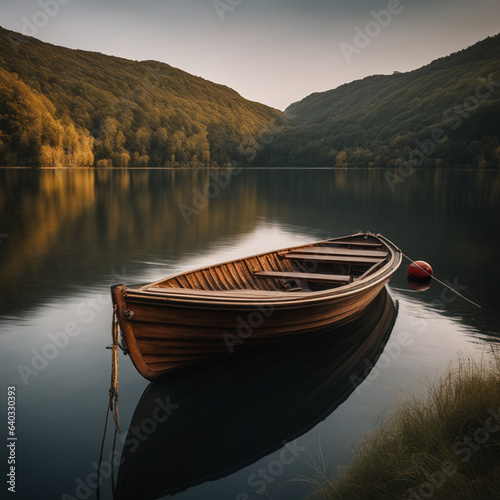 An empty rustic wooden boat moored at the shore, a forest river with banks densely overgrown with trees. The concept of calmness, peace, untouched nature.