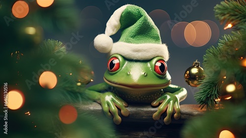 Fairy tale. A heartwarming scene featuring a frog playfully peeking out from behind a beautifully decorated Christmas tree, its curious pose and festive backdrop with copy space. 