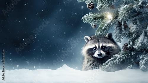 Card. A mischievous raccoon hiding behind a snow-covered Christmas tree, playful touch to the festive scene. The negative copy space is ready for your holiday message. Animal christmas.  © Dannchez