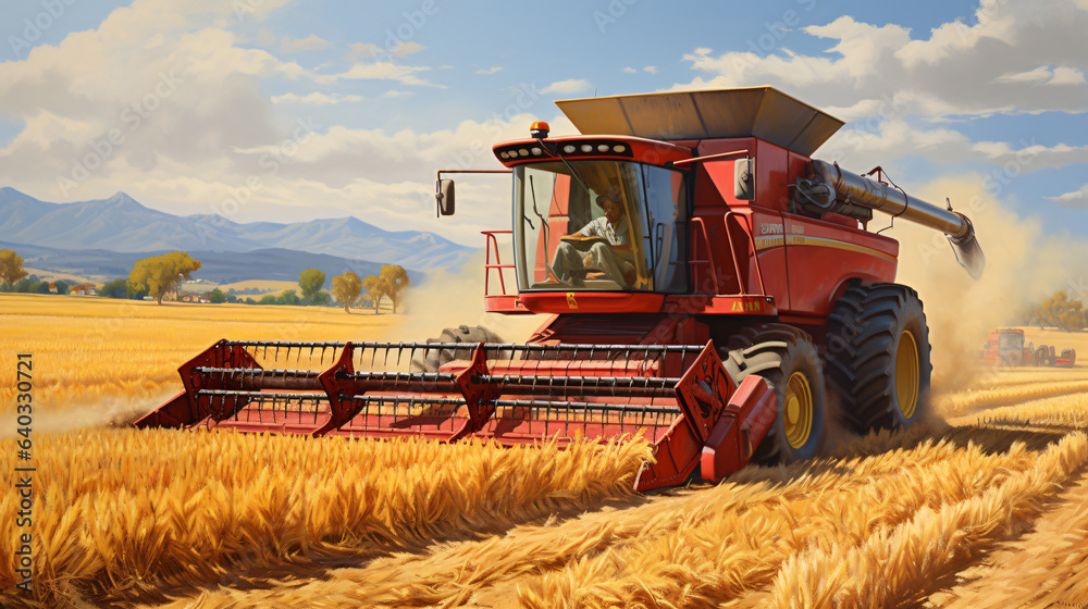 Obraz premium agriculture, field, combine, farm, harvester, harvest, wheat, tractor, crop, harvesting, farming, grain, machine, rural, machinery, summer, agricultural, landscape, sky, corn, farmland, land, blue, na