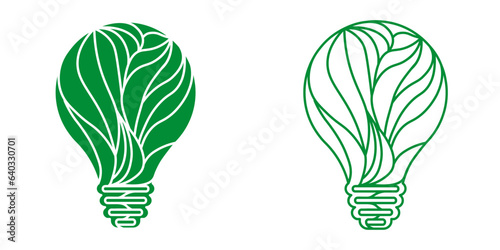 Lightbulb icon - green concept. Green energy icon. Green natural electricity. Leaf nature energy. Eco friendly lightbulb from fresh leaves, concept of Renewable Energy. 