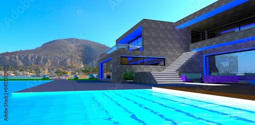 Exit from a glowing pool to the advanced beach house. Mountains village on the background. 3d rendering. © Oleksandr