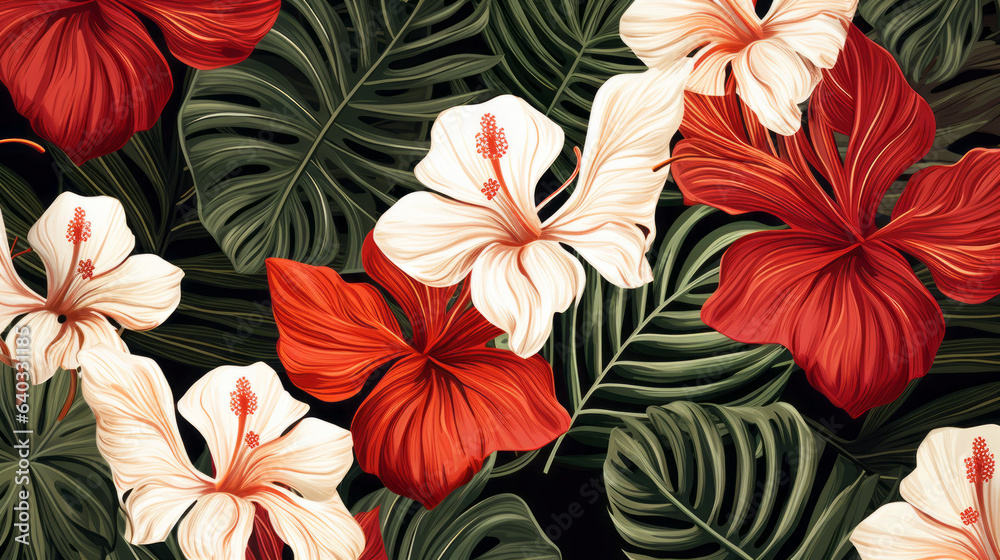 Fototapeta premium Monstera and Tropical Flowers pattern
