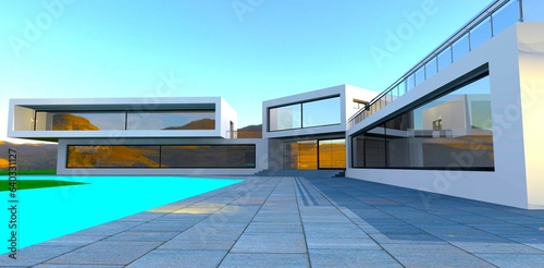 Area paved with massive concrete slabs in the yard of the eco-friendly mansion located in the sunny mountains. 3d rendering. photo