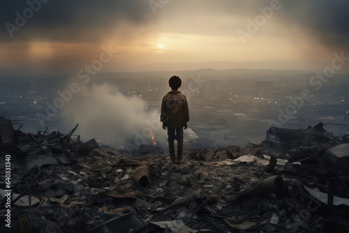 sad young boy in a war torn city. sad orphan. pile of rubble.