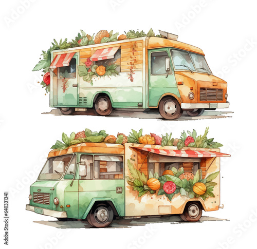 Kiosk vendor. Street tent, cart and truck sell fast food, books, clothes and flowers. Outdoor market with merchants and customers vector set. Buying natural cosmetic, ice cream and pop corn