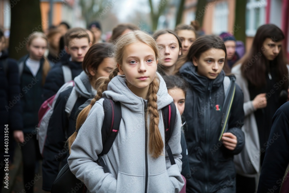 Group of friendly school kids with school backpacks on their backs going to school. Group of friendly school kids with school backpacks on their backs going to school.