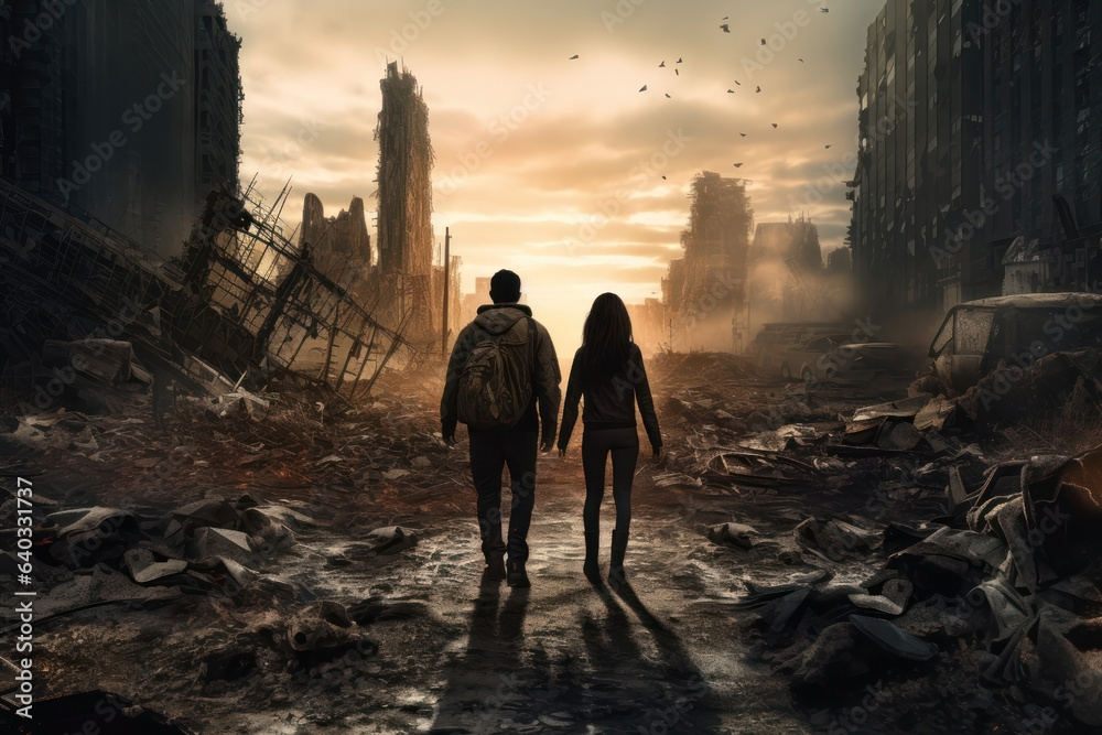 couple walking side by side and holding hands. silhouette. post apocalyptic city street with destroyed buildings. - obrazy, fototapety, plakaty 