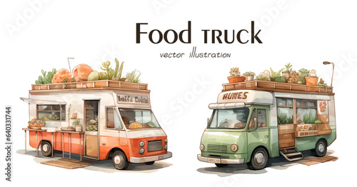 Hot dog  Food Truck. Street Food Truck concept with merchant character design. Watercolor vector illustration cute van with flowers white background