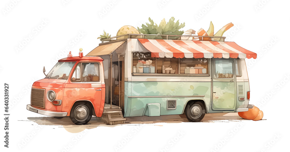 Fototapeta premium Hot dog Food Truck. Street Food Truck concept with merchant character design. Watercolor vector illustration cute van with flowers white background