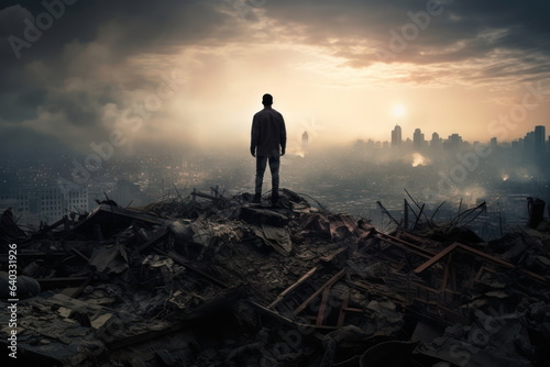 silhouette of a man overlooking a destroyed post apocalyptic city skyline. pile of rubble.