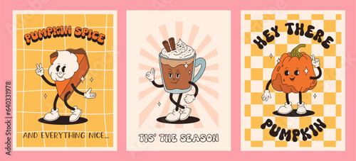 Funny Retro cartoon Pumpkin Character in groovy 50s, 60s, 70s Vintage Style. Happy Autumn mascot with pumpkin spice latte, pumpkin pie, pudding, cake, cupcake, waffles, donut and coffee.