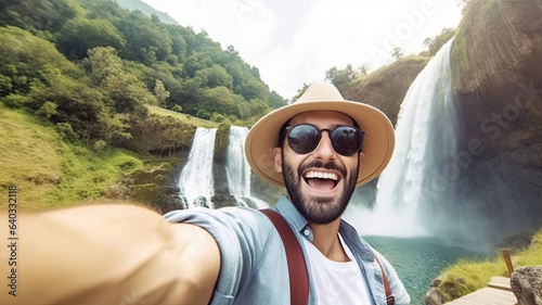 Handsome tourist visiting national park taking selfie picture in front of waterfall © LomaPari2021