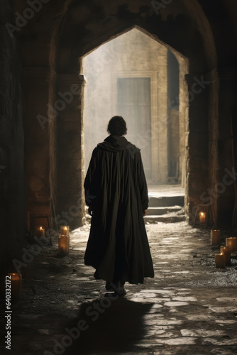 lone silhouette of a mysterious monk man in a medieval city alley. monk, witch, mage, wizard. 