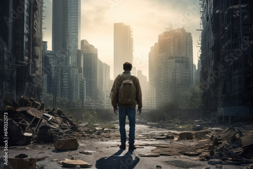young man wearing backpack. post apocalyptic city street with destroyed buildings.