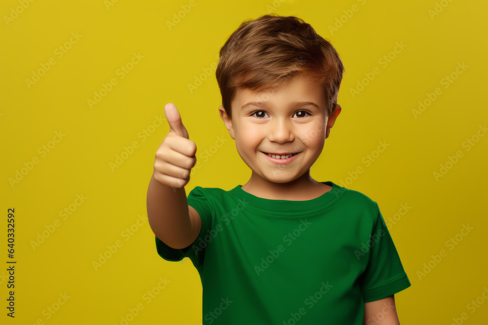 Little boy wearing green t-shirt showing thumbs up and smiling isolated on yellow background.generative ai
Little boy wearing green t-shirt showing thumbs up and smiling isolated on yellow background.generative ai