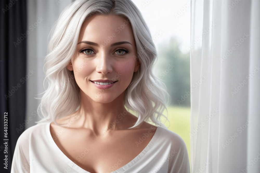 Portrait of a beautiful woman near window in a bedroom. Generative AI. Portrait of a beautiful woman near window in a bedroom. Generative AI.