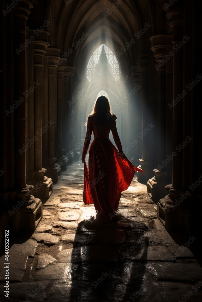 Naklejka premium pretty sorceress woman walking down a castle corridor isle. tall stone columns on both sides. long red dress.