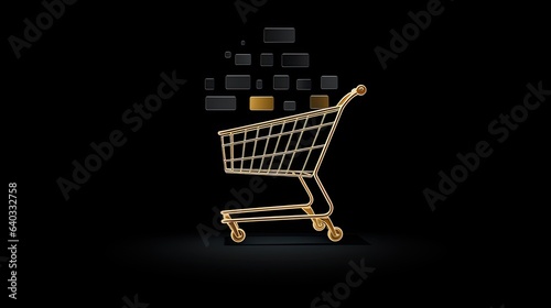 Minimalist shopping cart icon on black background.