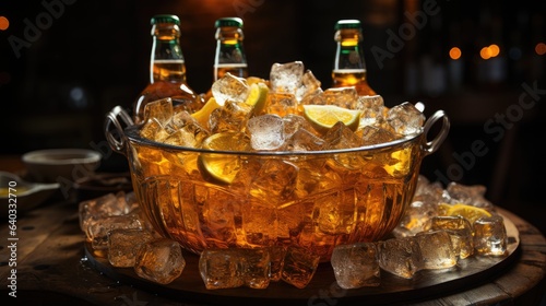 Image of beer bottles chilling in a bucket of ice.