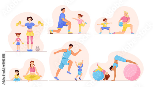 Happy Children and Parent Doing Sport Activity Vector Set © Happypictures