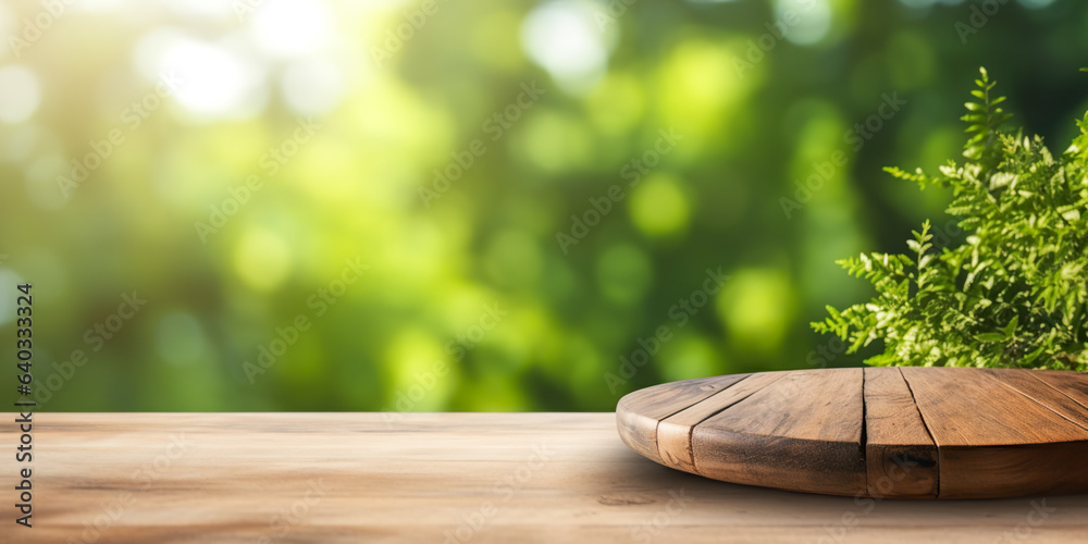 Φωτογραφία Wooden pedestal on table with garden bokeh background with a country outdoor the