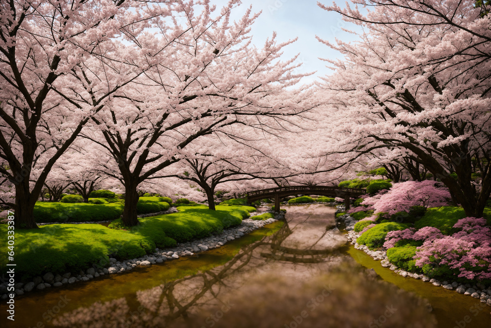 Sakura blossoms in japanese style ornamental garden, beautiful landscape. Generative AI. Sakura blossoms in japanese style ornamental garden, beautiful landscape. Generative AI.