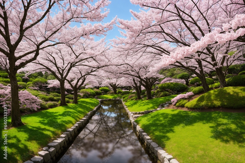 Sakura blossoms in japanese style ornamental garden, beautiful landscape. Generative AI. Sakura blossoms in japanese style ornamental garden, beautiful landscape. Generative AI.