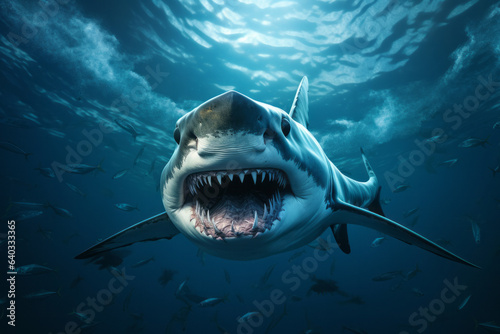 Shark with jaw open under water, shark with teeth.generative ai 