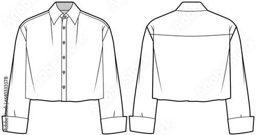 womens long sleeve cropped boxy shirt flat sketch vector illustration technical cad drawing template