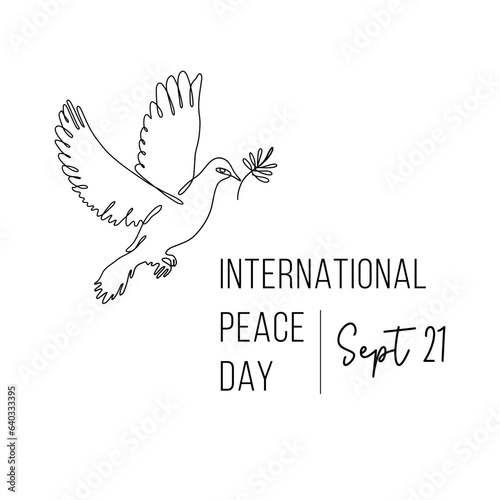 International Peace Day. Linear dove with olive branch. Symbol of peace. Vector illustration isolated on transparent background.