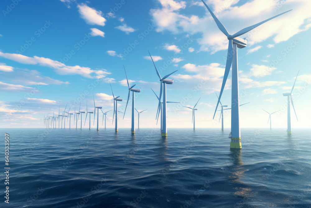 Electric windmills or wind power plants on sea or water.generative ai
