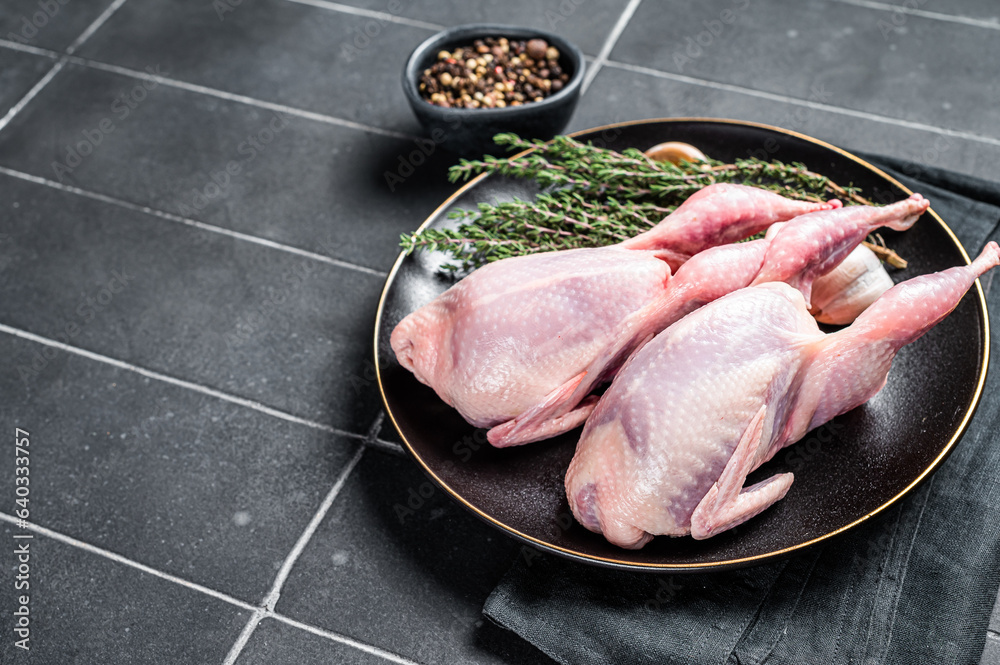 Fresh organic quails, raw poultry with herbs. Black background. Top view. Copy space