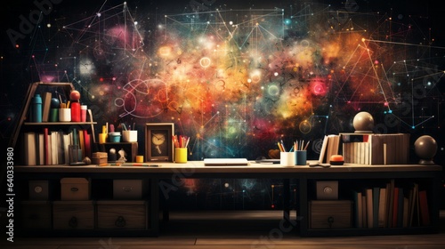 Abstract Technology Blackboard with Hand Drawn School Supplies. Education Concept.