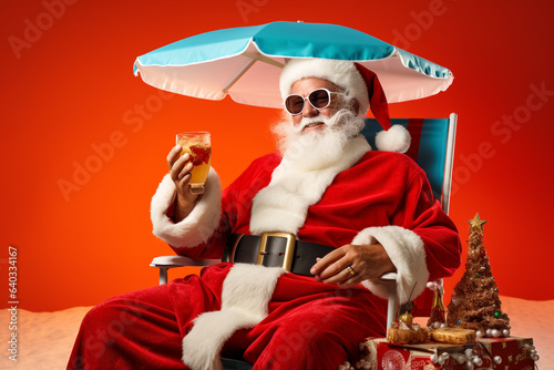 Christmas, New Year holidays concept. Happy traditional close-up Santa Claus portrait on vacation. Studio shot with sun parasol, drink and relaxed Santa. Vivid colors, joyful mood. Generative AI © Rytis