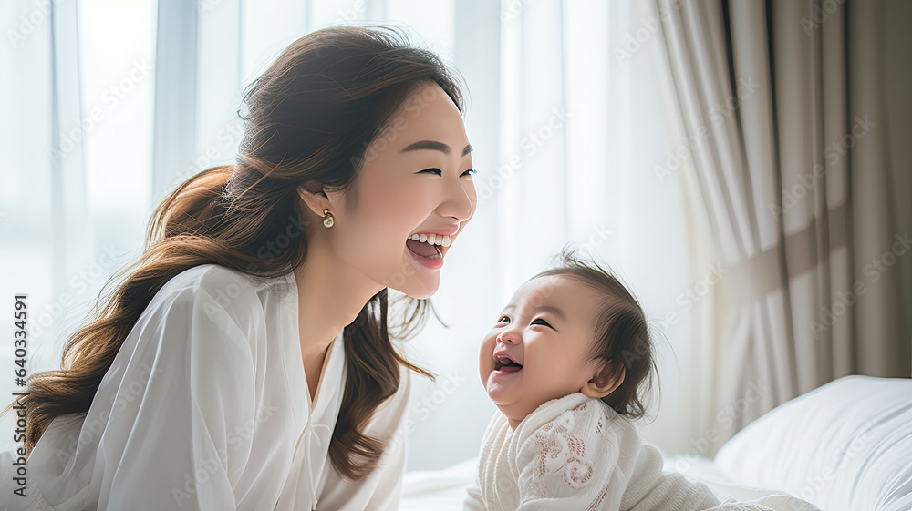New asian mom playing to adorable newborn baby on bed smiling and happiness at home.generative ai New asian mom playing to adorable newborn baby on bed smiling and happiness at home.generative ai