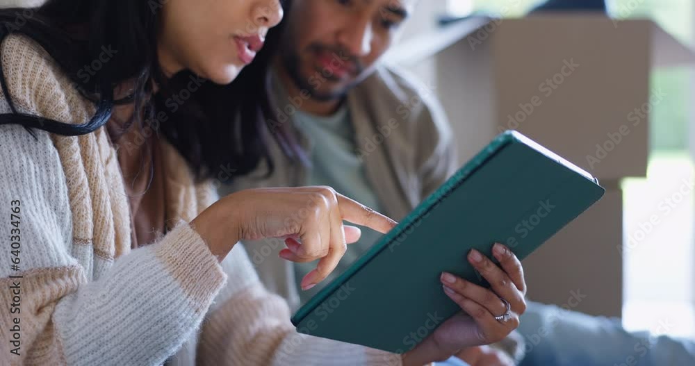 Couple, hands and with tablet in new house for online shopping, research and planning mortgage investment. Closeup, man and woman scroll on digital technology, renovation app and real estate website