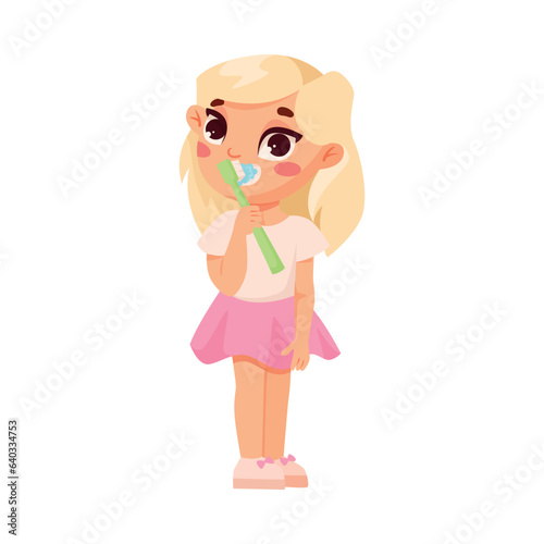 Little Girl Brushing Her Teeth with Toothbrush Engaged in Dental Care Vector Illustration