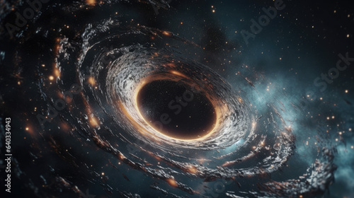 Artistic interstellar supermassive Black Hole in outer space. Astronomy concept 3D illustration. Orbiting mystery particles and wormhole accretion disk warping the event horizon of time and gravity.